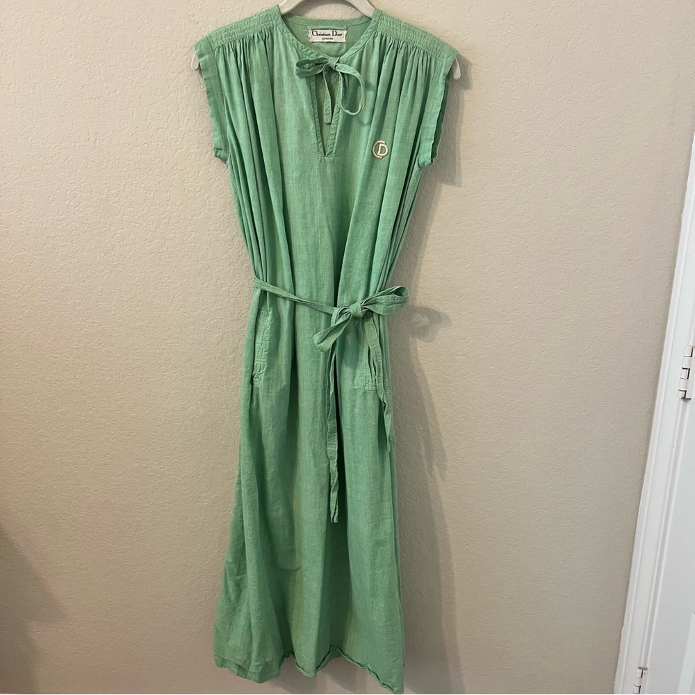 SOLD Christian Dior Vtg 70s Green Short Sleeve Midi Linen Dress CD Embroidery